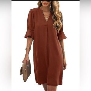 Les Umes women’s V neck shift dress ruffle shirt sleeve